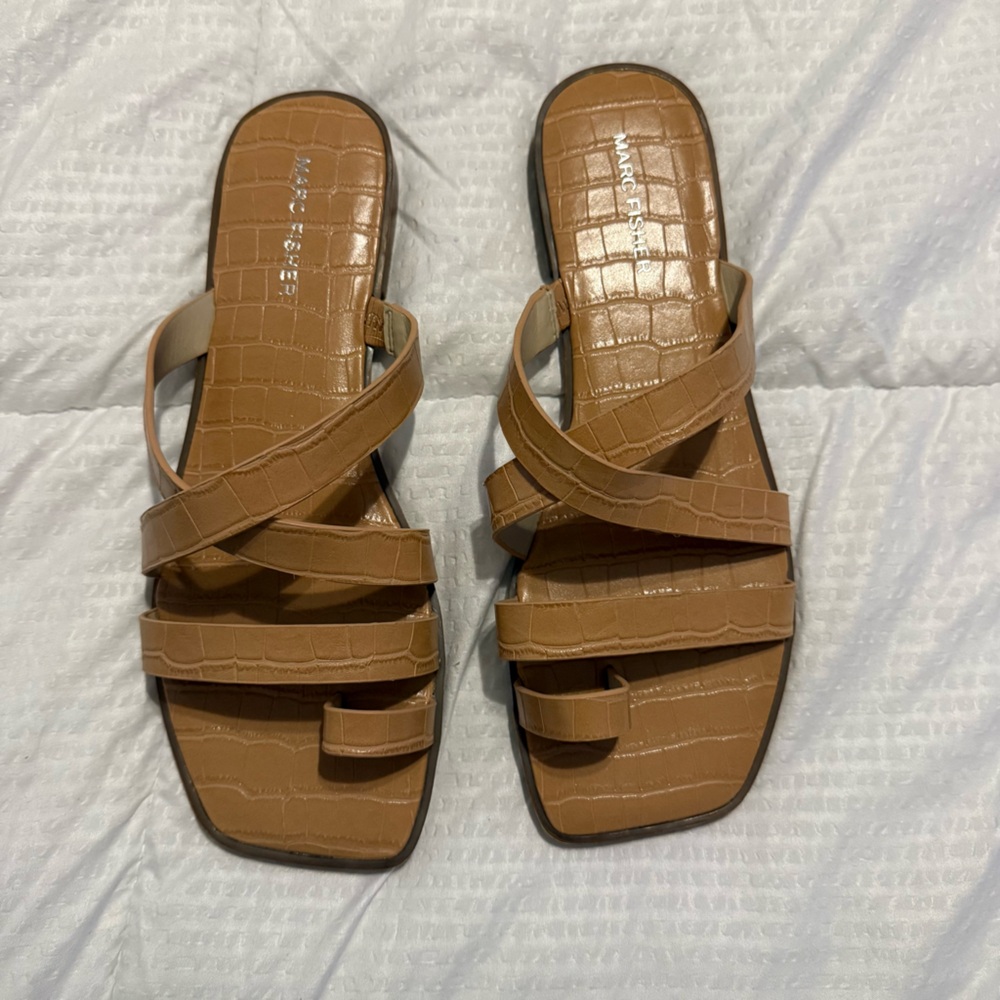 Marc Fisher brown crocodile pattern strapy sandals
